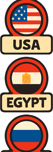 A flat, 2D game UI-style asset showing a vertical set of three country pins labeled: "USA", "Egypt", and "Russia". Each pin includes a circular flag icon above the text label. The layout is columnar, cartoonish, and visually clean. Each pin should be exportable or usable individually for a mobile game's level selection screen..
In-Game asset.  2d.  High contrast.  No shadows