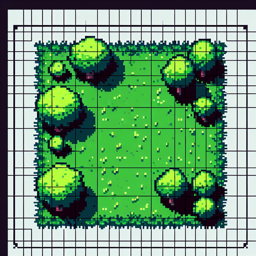 Pixel art, Top down view green grass and a couple trees.
Single Game Texture. In-Game asset. 2d. Blank background. High contrast. No shadows.