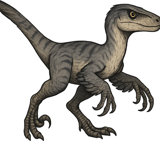 A small and agile Velociraptor dinosaur covered in smooth, sleek feathers in muted tones of gray and tan, with darker stripes along its back. The arms have wing-like feathers, and the long tail is fully feathered for balance. Its narrow head features a slightly curved snout, sharp teeth, and intelligent, bright eyes. The feet have curved sickle-shaped claws, emphasizing its speed and deadly precision. Real style.
In-Game asset.  2d.  High contrast.  No shadows