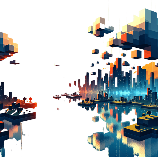 🔹 Floating low-poly islands or platforms in a futuristic city.
🔹 Horizon with a sun reflecting off water for a peaceful but futuristic look.
🔹 Colors: Sunset orange, deep blue, and glowing city lights..
Single Game Texture.  In-Game asset.  2d.  Blank background.  High contrast.  No shadows