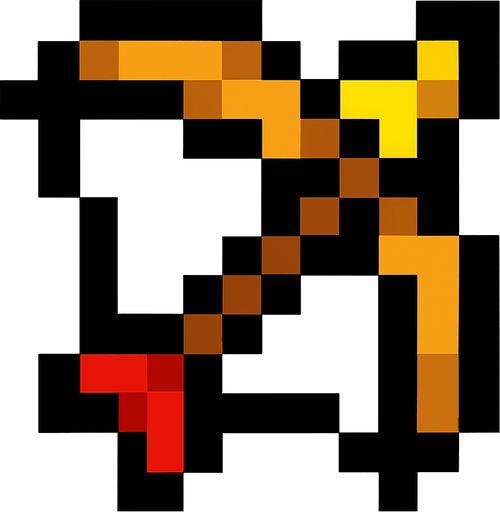 4x4pixel bow and arrow.
In-Game asset.  2d.  High contrast.  No shadows. Black outline