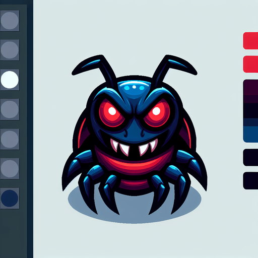 a cartoon bug. evil looking. dark blue and red color..
Single Game Texture. In-Game asset. 2d. Blank background. High contrast. No shadows.