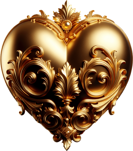 Big shining gold heart verly slightly ornate.
face view.