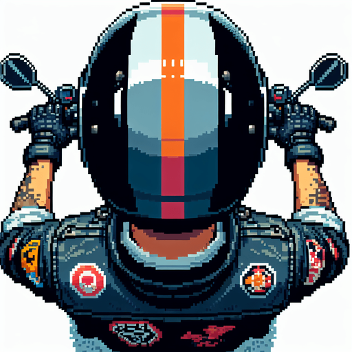 Directly overhead, plumb view of a man wearing a motorcycle helmet from the back (we see his back).
Zenith view, directly overhead, plumb view. NOT PERSPECTIVE!. Pixel art