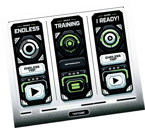 3 buttons that read:
Endless Trip
Training!
I am ready!
Futuristic font. White black and green..
Single Game Texture. In-Game asset. 2d. Blank background. High contrast. No shadows.