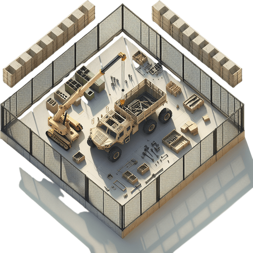 Simple light army vehicule factory buiding a quad with a crane. Square fence..
Zenith view Directly overhead. Plumb view.
