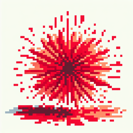 8-bit pixelated radial watermelon red juice explosion splash.
Single Game Texture. In-Game asset. 2d. Blank background. High contrast. No shadows.
