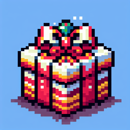 8 bit x mas pressent. in game asset. Single Game Texture. In-Game asset. 2d. Blank background. High contrast. No shadows.