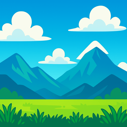 game background with grass at the bottom and sky and mountains at the back.
In-Game asset.  2d.  High contrast.  No shadows