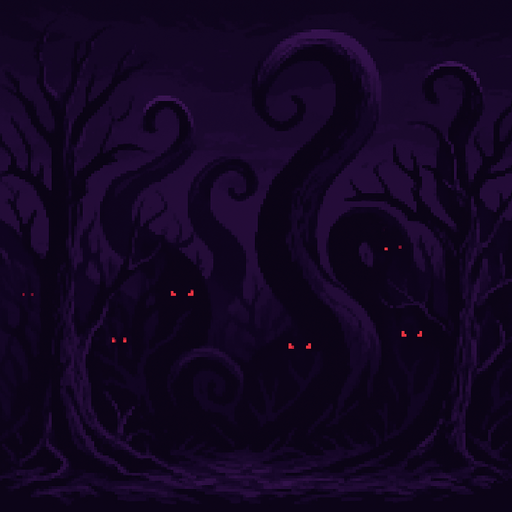 "High-quality 2D pixel art background set at night, with a dark purple atmosphere and eerie lighting. The environment features twisted, dead and infected trees in dark purple and black tones, their branches gnarled like claws. Emerging from the landscape are large, shadowy octopus-like tentacles in shades of violet, wrapping through the trees and terrain. Red glowing eyes are scattered throughout the darkness, hiding within the shadows and between the branches. The scene is ominous and unsettling, perfect for a dark fantasy or horror-themed RPG. Style is detailed 16-bit pixel art, with strong contrast and a moody color palette.
In-Game asset.  2d.  High contrast.  No shadows