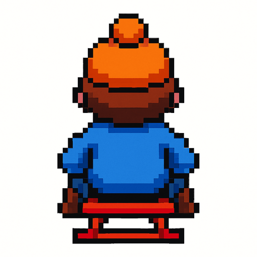 arkasından gördüğümüz kızağa oturan pixel bir çocuk yap.
In-Game asset.  2d.  High contrast.  No shadows