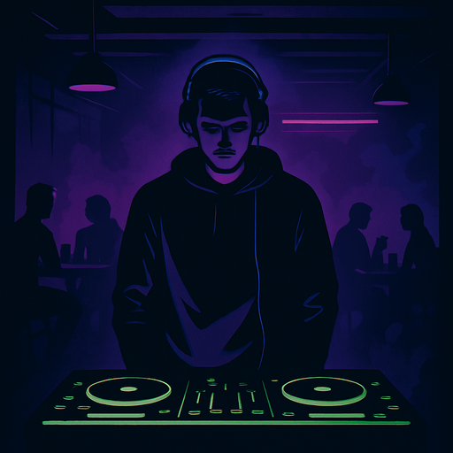 A cinematic comic book-style vertical panel, 2048x2732. Inside a moody, dimly lit underground bar, a lone DJ (Noah) stands behind a glowing DJ booth, facing forward but with his head slightly bowed. Sparse silhouettes of a few customers sit at shadowy tables, blurred by distance and smoke. Purple and blue neon lights gently illuminate the space. The atmosphere feels still, as if something important just began. A faint spotlight outlines Noah's figure. This scene conveys calm before momentum, subtle drama and emotional depth. No text or narration in the image..
In-Game asset.  2d.  High contrast.  No shadows