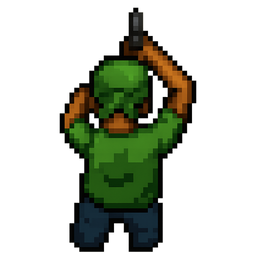 un pandillero peligroso vestido de verde usando un arma con perspectiva trasera desde arriba hecho con pixeles. No background. Transparent background. Blank background. No shadows. 2d. In-Game asset. flat