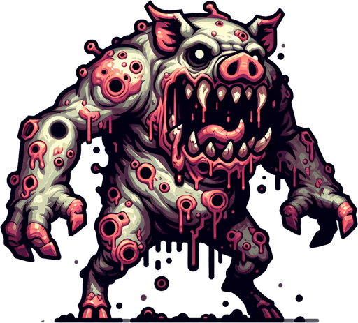 monster pig horrorific.
Single Game Texture. In-Game asset. 2d. Blank background. High contrast. No shadows.