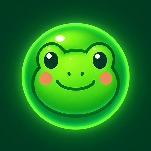 A green bubble with a cartoon frog face, glowing softly, top-down view, mobile puzzle game sprite.
In-Game asset.  2d.  High contrast.  No shadows