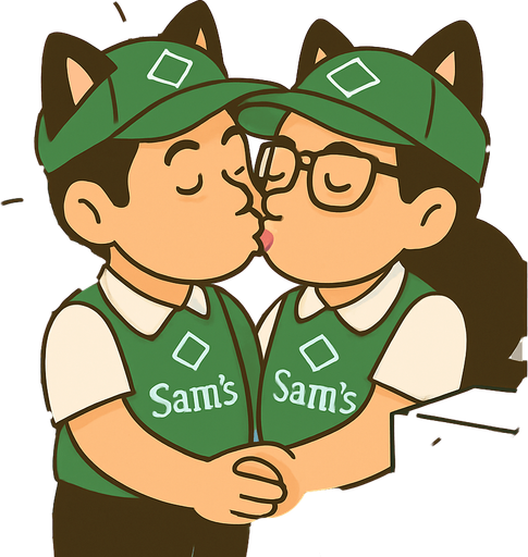 Has que estos dos personajes se esten besando en un congelador de sams club, escondidos entre los productos. agrega corazoncitos y evita el tono sepia, debe ser alegre