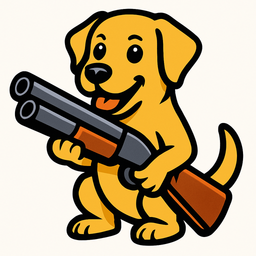 labrador dog hold a hunt gun.
In-Game asset.  2d.  High contrast.  No shadows