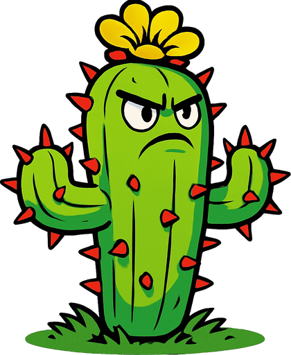 Cactus inspirado en Plants vs. Zombies. Planta verde con cuerpo segmentado cubierto de espinas rojas intensas, aspecto heroico y desafiante. Tiene una flor en la parte superior de color amarillo brillante y ojos decididos mirando hacia el frente. Postura erguida sobre césped, sin atacar, con estilo caricaturesco, líneas limpias, colores vivos y sin sombras. Fondo transparente, ideal como asset 2D para videojuego..
In-Game asset.  2d.  High contrast.  No shadows