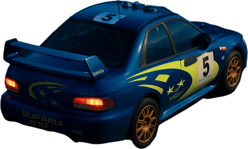 Photorealistic Subaru Impreza WRC in nightlight, drone topview from back and 45 degrees angle in top right corner