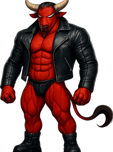 man Cyberpunk manga, minotaur monster hunk, shiny black leather biker jacket longsleeves shirtless muscles, jockstrap combat boots, Background removed, "Full-body character, entirely in frame, no cropping of face, head, or feet" "Complete character visible, from horns to hooves, fully centered in the image" "Entire character, including face and boots, fully within the frame" Character fully contained within a square frame, no edges cut off fashion model idle pose