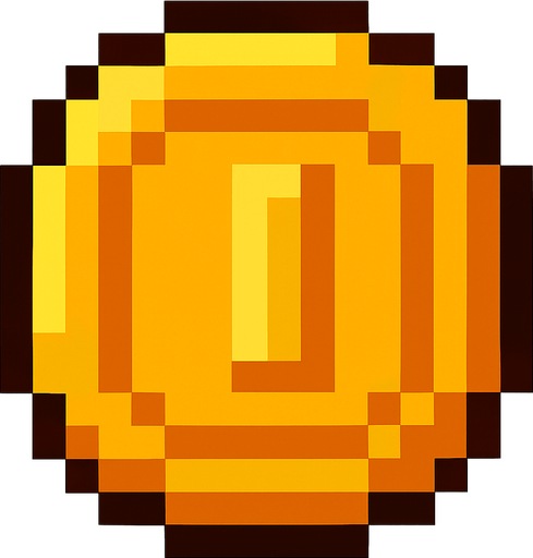 A pixelated coin.
In-Game asset.  2d.  High contrast.  No shadows