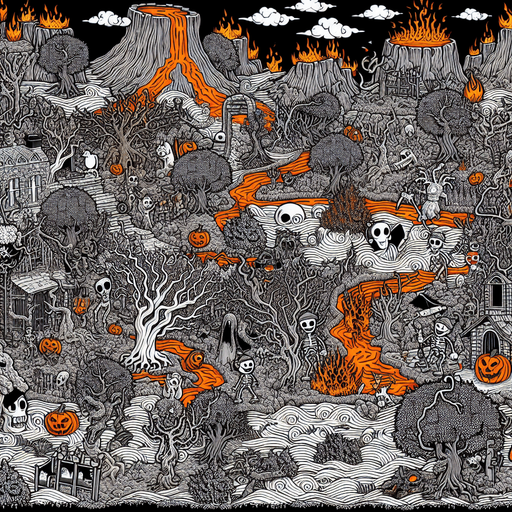 Generate a high quality cartoon background Halloween image on a black canvas similar to the format of where is waldo with a hellish environment.
Single Game Texture. In-Game asset. 2d. Blank background. High contrast. No shadows.