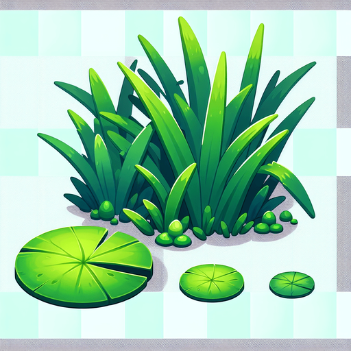 Green reeds with Lilly pad.
Single Game Texture.  In-Game asset.  2d.  Blank background.  High contrast.  No shadows