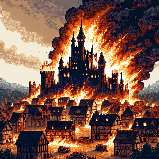 pixel art dramatic epic medieval village castle burning bad day.
Single Game Texture.  In-Game asset.  2d.  Blank background.  High contrast.  No shadows