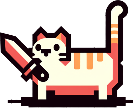 a cat carrying a knife.
Single Game Texture. In-Game asset. 2d. Blank background. High contrast. No shadows.