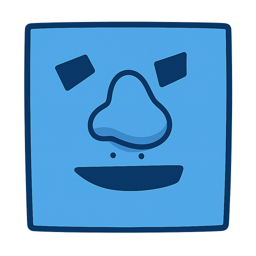 Basit mavi kare yüz. Burnu kocaman olsun. No background. Transparent background. Blank background. No shadows. 2d. In-Game asset. flat