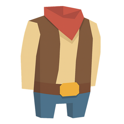 A lowpoly cowboy body without head legs and arms. No background. Transparent background. Blank background. No shadows. 2d. In-Game asset. flat