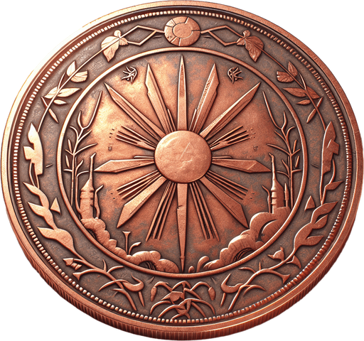 moneda de cobre.
Single Game Texture.  In-Game asset.  2d.  Blank background.  High contrast.  No shadows
