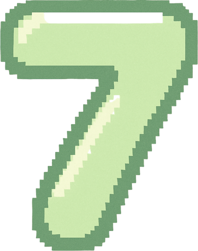 A pixel art number "7" designed for a cozy, cute retro 2D game UI with a bird theme. The number is rendered in soft pastel light green tones to harmonize with the gentle and sweet aesthetic of the game. It has a clean, simple, and rounded pixel style with no harsh edges, fitting perfectly within the pixel art UI style. The number is bold and easily readable at small sizes..
In-Game asset.  2d.  High contrast.  No shadows. pixel art. retro. 2d ui. number. pastel light green. simple. rounded edges. bold. cute. minimal