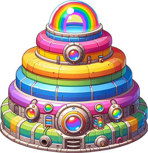 Vue de face centrée d'une machine magique en forme de pièce montée arc-en-ciel avec une petite entrée d'alimentation en bas au milieu, un très grand hublot central et un tube transparent dirigé vers le haut..
Single Game Texture.  In-Game asset.  2d.  Blank background.  High contrast.  No shadows