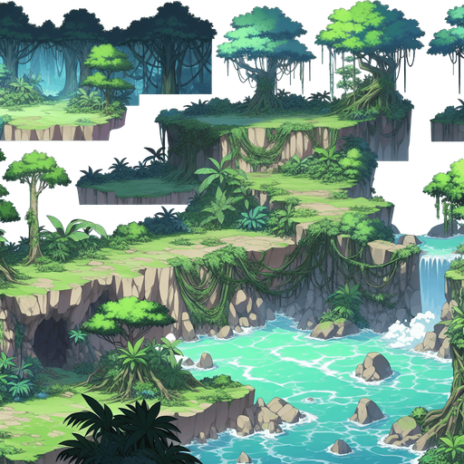 anime landscape deep jungle amazon.
Single Game Texture.  In-Game asset.  2d.  Blank background.  High contrast.  No shadows