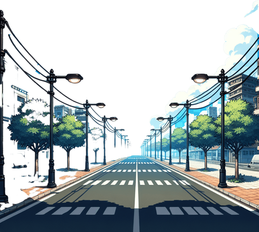 uma rua com ceu azul, fundo png.
Single Game Texture. In-Game asset. 2d. Blank background. High contrast. No shadows.