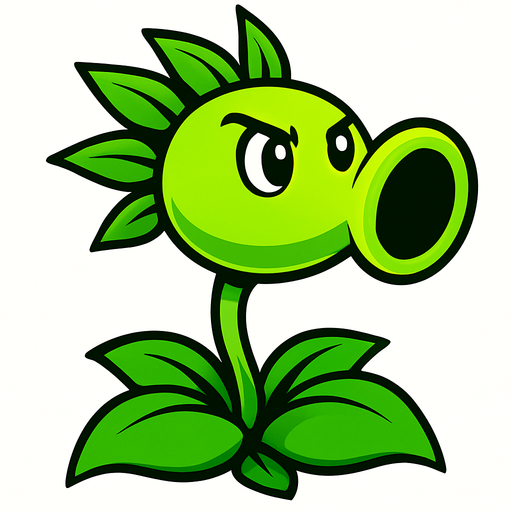 Una planta de color verde brillante, con un cuerpo principal esférico que se estrecha hacia adelante para formar una boca grande y redonda. De la parte posterior de su cabeza, brotan varias hojas puntiagudas. Tiene dos ojos grandes y redondos, con pupilas negras, y su expresión es decidida. Su tallo es delgado y verde, anclado en un grupo de hojas más grandes en la base..
In-Game asset.  High contrast.  No shadows