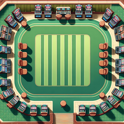 Typical cassino floor with green carpet and slot machines lined on the edges of the screen. It should fit the entirety of the screen. It is a topdown view. Single Game Texture. In-Game asset. 2d. Blank background. High contrast. No shadows.