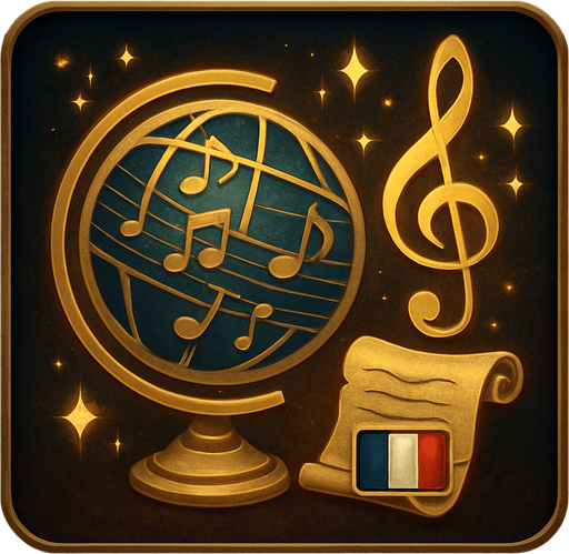 Design an icon for a Language selection button in a fantasy tower defense game set in a magical concert hall. The icon should combine a classic globe symbol with musical or magical elements to reflect the game's unique theme.

Main symbol: a stylized globe with subtle music note engravings on the surface or longitude/latitude lines formed from staff lines (like a musical sheet).
Optional elements: a floating treble clef, sparkles, or an open scroll representing language or translation.

Use elegant gold, bronze, or blue tones, with a soft magical glow.
The background should be subtle—velvet, dark wood, or parchment-like texture.

Icon must be square (256×256 px), readable at small sizes, and must not include text.
Optional: provide a state where a small flag symbol or dropdown arrow appears to suggest language selection.

Style: refined, orchestral fantasy UI—fitting the atmosphere of a haunted concert hall with magical elegance..
In-Game asset.  2d.  High contrast.  No shadows