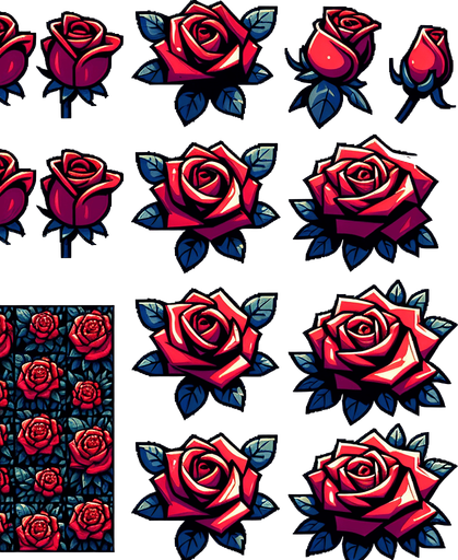 A sprite sheet of different red roses seen from above. Cartoon. All similar size. Just the blossom. Bold colors and shading. 
Single Game Texture. In-Game asset. 2d. Blank background. High contrast. No shadows.