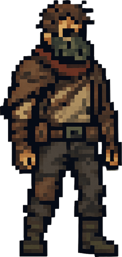 Post apocalyptic man pixel art less pixel.
In-Game asset.  2d.  High contrast.  No shadows. Pixel art