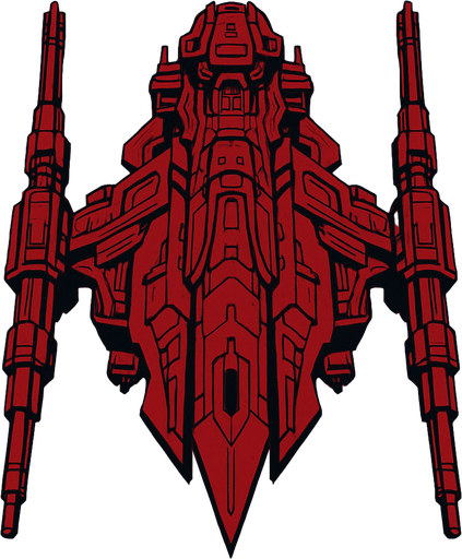 Giant bordeux ostentatious alien ship with ostentatious giant guns. Looking straightly down
In-Game asset.  2d.  High contrast.  No shadows