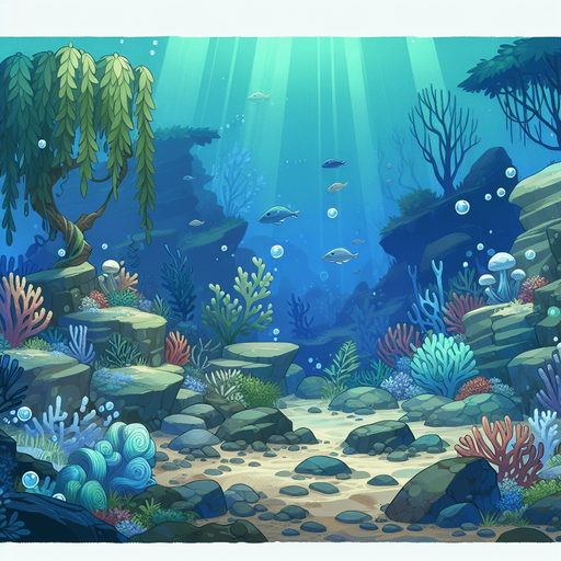 undersea olants rocks etc but no fish.
Single Game Texture. In-Game asset. 2d. Blank background. High contrast. No shadows.