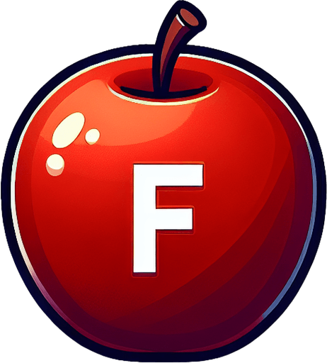 a white "F" on a red apple..
Single Game Texture. In-Game asset. 2d. Blank background. High contrast. No shadows.