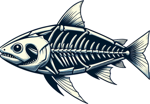 Very basic skeleton of a fish with a fin and shark head.