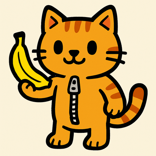 ipli fermuarı olan oyuncak kedi olduğu her yerden  belli olan elinde muz olan bir kedi.
In-Game asset.  2d.  High contrast.  No shadows