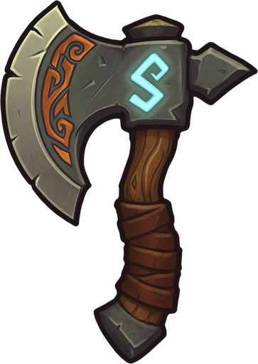 A stylized fantasy axe with a broad, curved blade and intricate engravings. The handle is wrapped in worn leather, and the metal has a slightly weathered look, giving it a battle-worn feel. The design is bold and exaggerated, suitable for an orc warrior, with a glowing rune etched into the blade. The style is high-fantasy with clean lines, vibrant highlights, and a dramatic shadow for depth. Perfect for 2D game assets or concept art..
In-Game asset.  2d.  High contrast.  No shadows