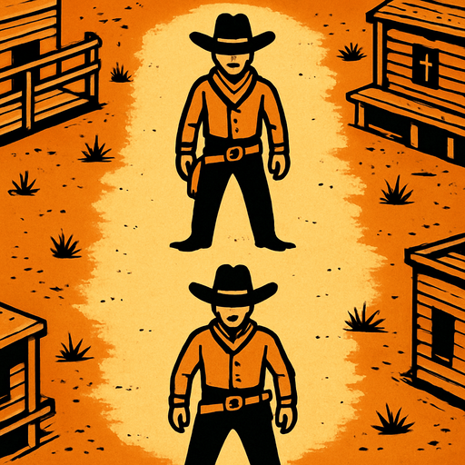 a western setting duel arena, place one cowboy at the top of the screen facing down and another cowboy at the bottom facing up.
In-Game asset.  2d.  High contrast.  No shadows