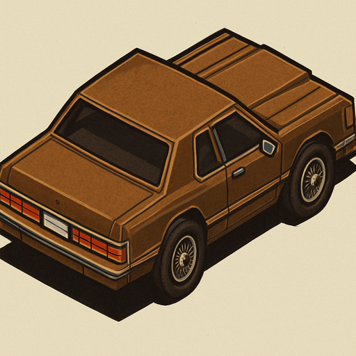 Brown Ford sedan thunder bird car, seen from behind Top-down, gta2, Single Game Texture. In-Game asset. 2d. Blank background. High contrast. No shadows.isometric its looks retro. In-Game asset. 2d. High contrast. No shadows