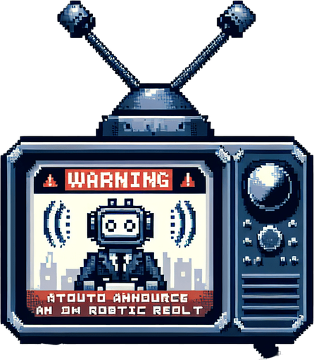 Design a pixel art scene for a game item: a TV broadcasting a news alert about an imminent AI uprising. Include flashing warning signs and depict the newscaster in a state of high alert to convey urgency and tension, ensuring all elements are styled to fit within a pixelated game environment.. pixelated. 8 bit..
Single Game Texture. In-Game asset. 2d. Blank background. High contrast. No shadows.